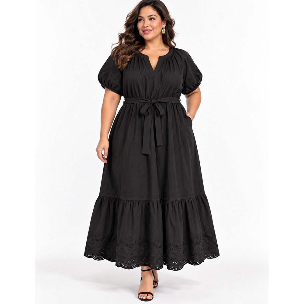 Daniel Rainn Puff Sleeve Maxi Dress Black Eyelet Cotton 1X NWT